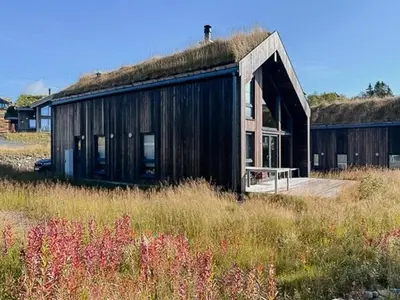 a black building with a grass roof in a field at Modern Cabin With View In Rauland in Rauland