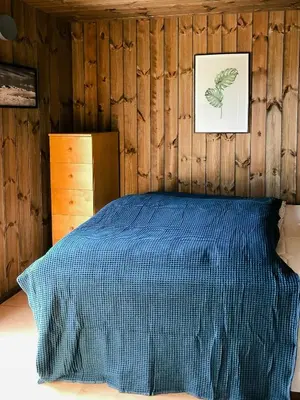 a bedroom with a blue bed in a wooden wall at Modern Cabin With View In Rauland in Rauland