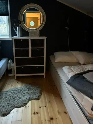 a bedroom with a bed with a mirror and a dresser at Charming Cabin With Archipelago Views In Sogn in Ånneland