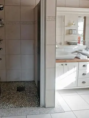 a bathroom with a shower and a sink at Large Cabin By Farhovdtjønn In Rauland in Rauland