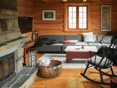 a living room with a couch and a fireplace at Cabin With Wooden Interior By Lake Tinnsjøen in Atra