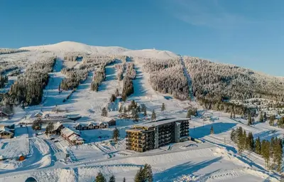 an aerial view of a resort in the snow at Modern Flat In Trysil Alpine Lodge in Trysil