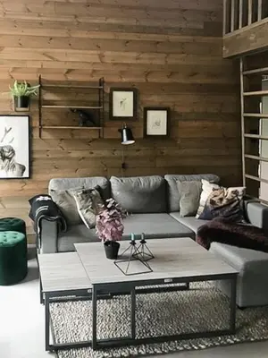 a living room with a couch and a coffee table at Enjoy Simple Cabin Life In Nature in Kongsberg
