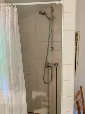a shower in a bathroom with a shower curtain at Fantastic Charming Cabin By Tinnsjøen in Austbygdi