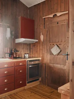 a kitchen with wooden walls and a stove and a door at Cabin In Uvdal With A View Ski-Inout in Uvdal