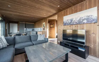a living room with a couch and a large television at Modern cabin Hafjell high standard ski-in out in Hafjell