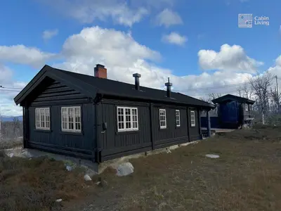 a black house with white windows in a field at Cozy cabin near Geilo & Dagali terrace, grill, fireplace, view & WiFi in Hol