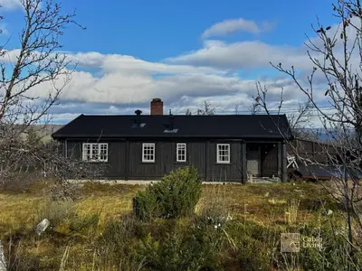 a black house with a black roof in a field at Cozy cabin near Geilo & Dagali terrace, grill, fireplace, view & WiFi in Hol