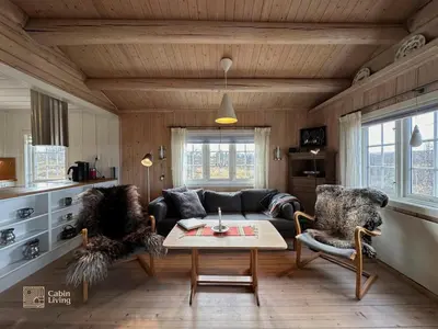 a living room with a couch and a table at Cozy cabin near Geilo & Dagali terrace, grill, fireplace, view & WiFi in Hol