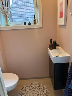 a bathroom with a sink and a toilet and a window at Modern & cozy house in Trondheim