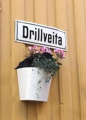 a flower pot hanging on a wall with a street sign at Liten studioleilighet meget sentralt i sentrum, 3 minutter fra torget in Trondheim