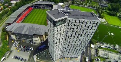 an overhead view of a tall building with a baseball field at Spacious house close to Ski World Championship in Trondheim