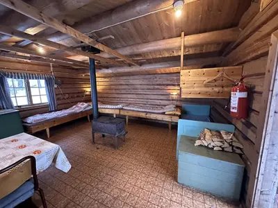 an overhead view of a room in a log cabin at Family cabin by the lake at Haugen, Femundsmarka in Elga