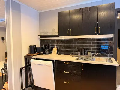 a kitchen with black cabinets and a sink at Peace in the heart of nature in Trysil