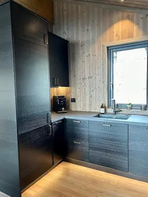a kitchen with a stainless steel refrigerator and a sink at Norefjell! Newly built cabin with stunning view in Noresund