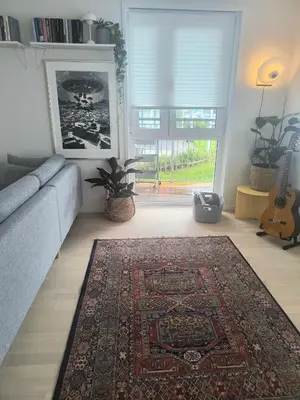a living room with a couch and a rug at Romslig og pen leilighet - sentral beliggenhet in Charlottenlund