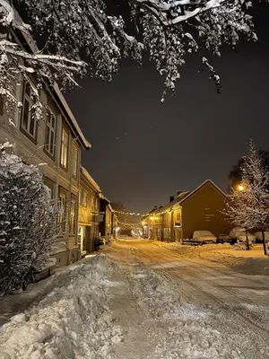 a snow covered street in a town at night at Beautiful house - walking distance of everything in Trondheim