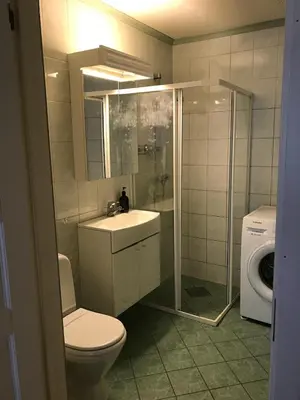 a bathroom with a toilet and a shower and a sink at Bright and nice apartment in Trondheim