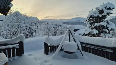 a fence covered in snow next to some trees at Panorama Cabin - Stunning Mountain Views and Outdoor Jacuzzi Option in Bjorli