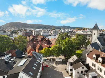 a view of a city with a river and buildings at The Double Date I Architectural Gem in Bergen