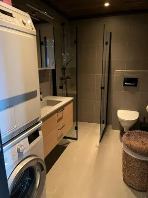 a bathroom with a washing machine and a toilet at UNIQUE, Central Apartment at Geilo in Hol