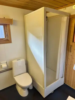 a bathroom with a toilet and a shower at Convenient ski in-out on Norefjell in the alpine village in Surteberg