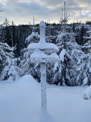 a cross covered in snow in front of trees at FrysiaHouse in Lillehammer