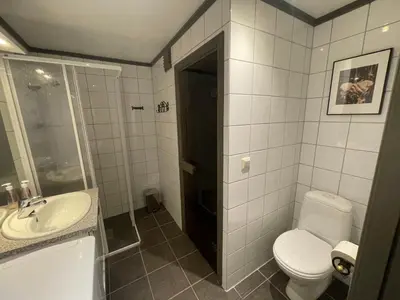 a bathroom with a toilet and a sink at Spacious Retreat With Sauna And Parking in Beitostøl