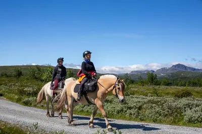 two people riding horses down a road at Family-Friendly Stay Near Ski Trails! in Beitostøl