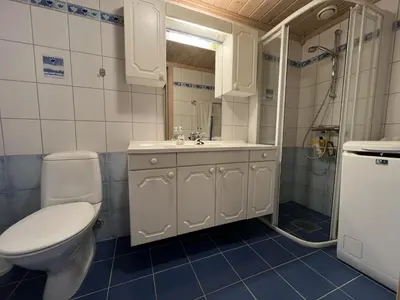 a bathroom with a toilet and a sink and a shower at Spacious Apartment For Up To 5 Guests in Beitostøl