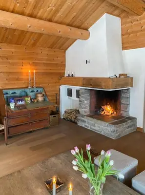 a living room with a fireplace in a house at Traditional Cabin In Gålå With Stunning Nature in Gålå