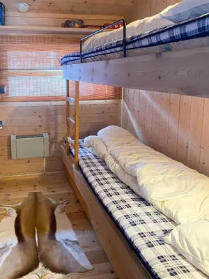 a room with two bunk beds and a dog laying on the floor at Modern Mountain Cabin Near Hiking Terrain in Geilo