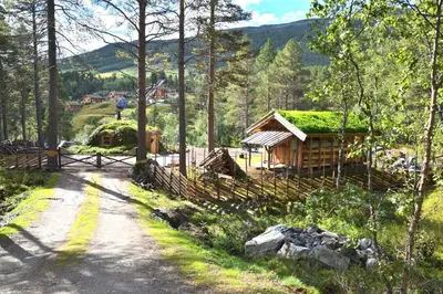 a house with a green roof with a dirt road at Unique Hobbit Cabin By Hallingskarvet in Hovet