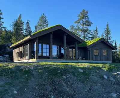 a house with a grass roof on top of it at Nature-Close Cabin By The Water in Eggedal