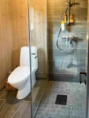 a bathroom with a toilet and a shower at Nature-Close Cabin By The Water in Eggedal