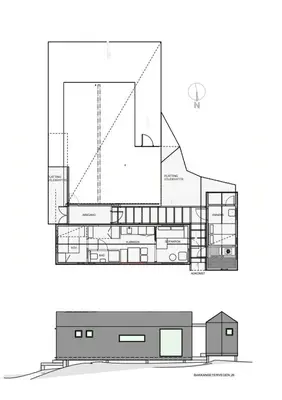 a plan and elevation of a house at Mountain Cabin With Sauna At Blefjell in Lampeland