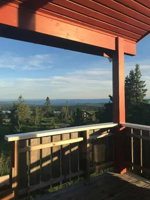 a view from the deck of a gazebo at Charming Cabin With Fantastic View In Sjusjøen in Sjusjøen