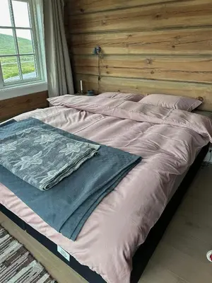 a large bed in a bedroom with a wooden wall at Spectacular Cabin With View In Jotunheimen in Eidsbugarden
