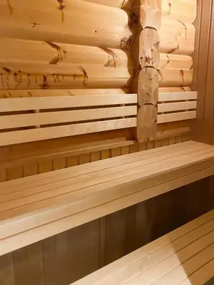 a wall of wood in a sauna at Timber Cabin With Fantastic View In Oppdal in Oppdal
