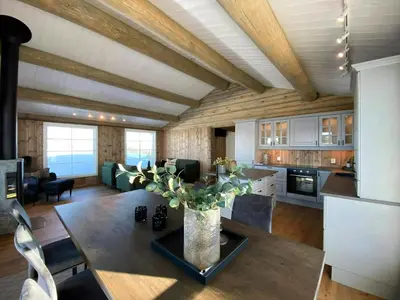 a kitchen and living room with a wooden ceiling at Cabin With Panoramic View In Synnfjell in Nord Torpa