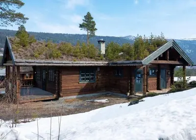 a log cabin with a grass roof in the snow at Spacious Log Cabin Near Hardangervidda in Uvdal