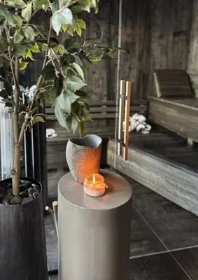 a candle sitting on a table next to a plant at Mountain Home On Høgevarde With Majestic Views in Flå