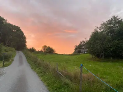 a dirt road in a field with a sunset at Charming Seaside Cabin With Views Over The Water