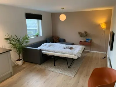 a living room with a couch and a table at Central and modern apartment in Hamar