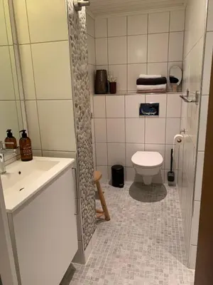 a small bathroom with a toilet and a sink at Central and modern apartment in Hamar