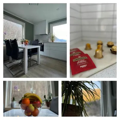 a collage of pictures of a kitchen and a table at StarApartment Trolltunga 2 BR in Odda