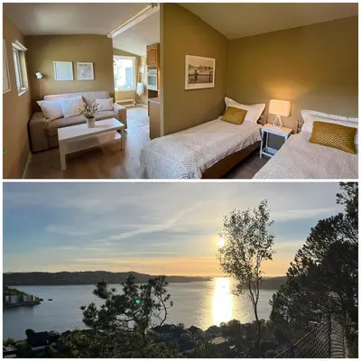 two pictures of a bedroom with a view of the water at Cozy studio near Bergen in Bergen