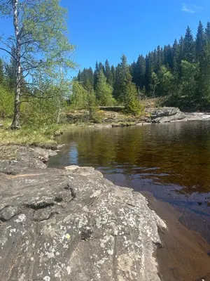 a river with rocks and trees in the background at Turifoss Camping Tent pitch in Svedjan
