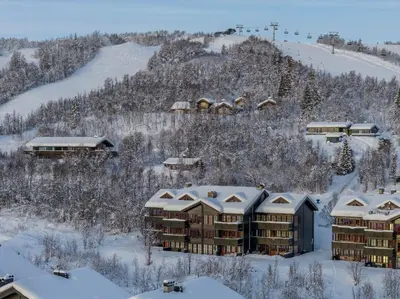 an aerial view of a resort in the snow at Charming 2-Bedroom Apartment In Beitostølen in Beitostøl