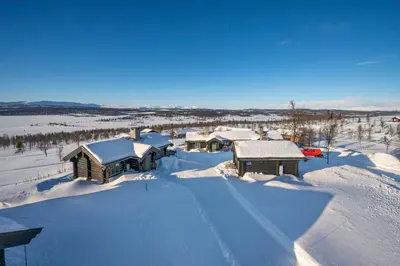 an aerial view of a snow covered cabin at Hytteperle Gålå, Vakre Lauvåsen, Hønhuset in Sør-Fron